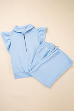 Beau Blue Textured Ruffled Sleeve Zipped Top and Wide Leg Pants Set