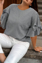 Black Plus Size Plaid Bow Decor Bell Sleeve Round Neck Jumper
