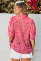 Rose Red Floral Print Wide Short Sleeve Loose Shirt