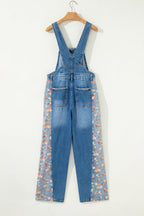 Peacock Blue Floral Patchwork Bib Denim Wide Leg Overalls