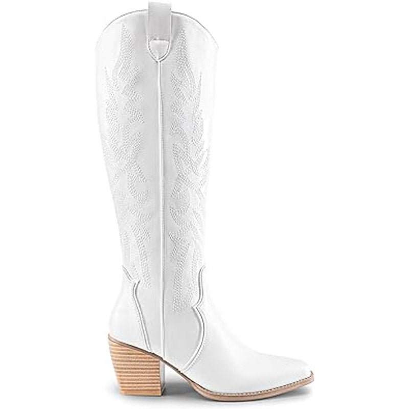 Dream Pairs Womens Size 9.5 White Faux Leather 3" Chunky Heel Cowboy Boot Shoes