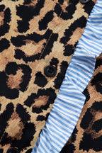 Brown Wild Leopard Print Contrast Striped Frilled Trim Chic Shirt