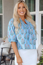 Sky Blue Floral Striped Print Shirred Yoke Split Neck Blouse