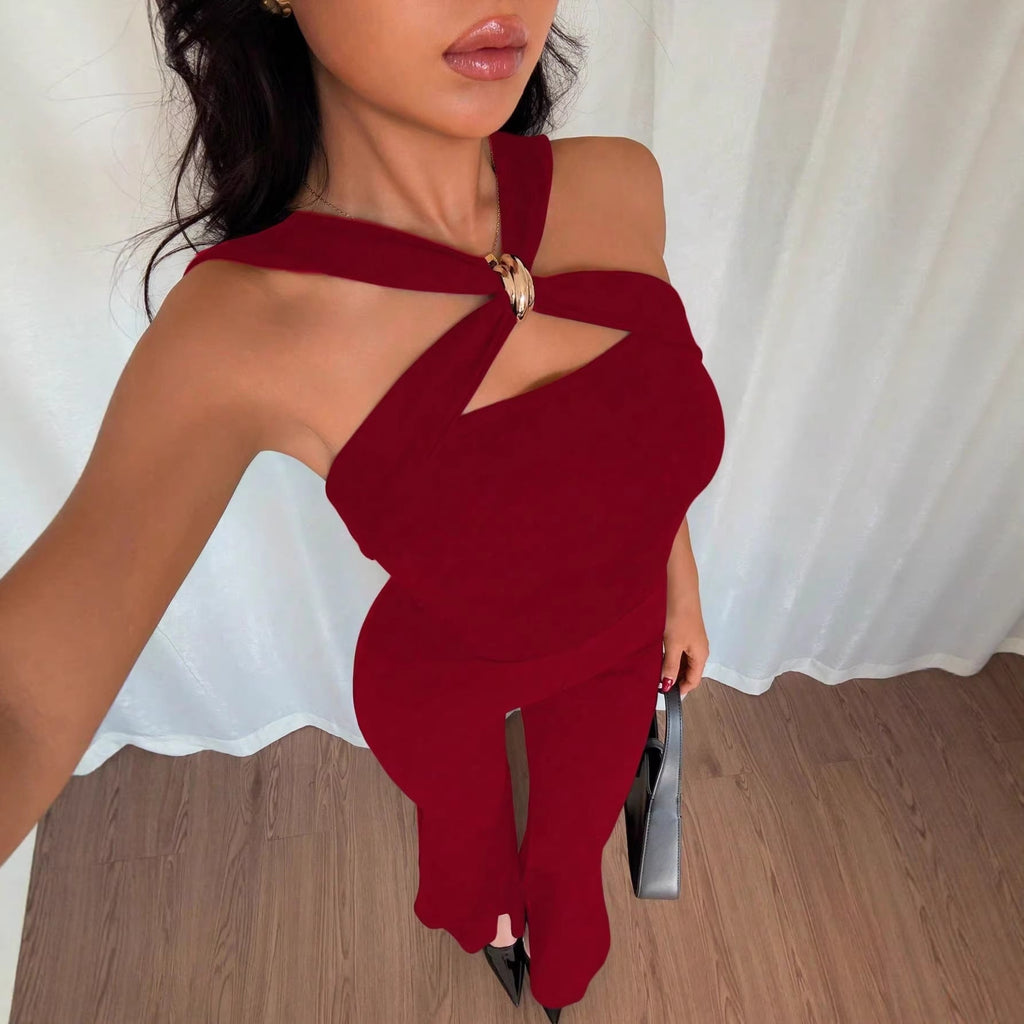 Chic Metal Buckle Flared Jumpsuit