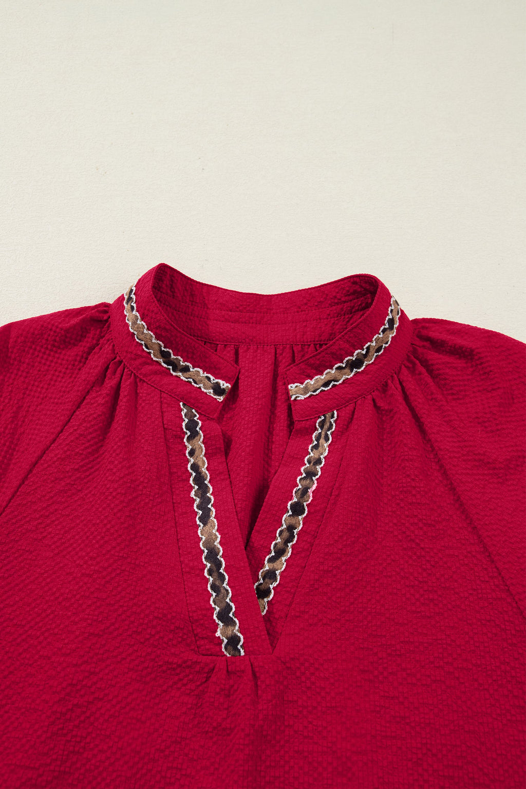 Racing Red Leopard Jacquard Print V Neck Textured Blouse