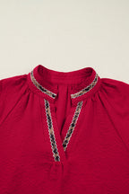 Racing Red Leopard Jacquard Print V Neck Textured Blouse
