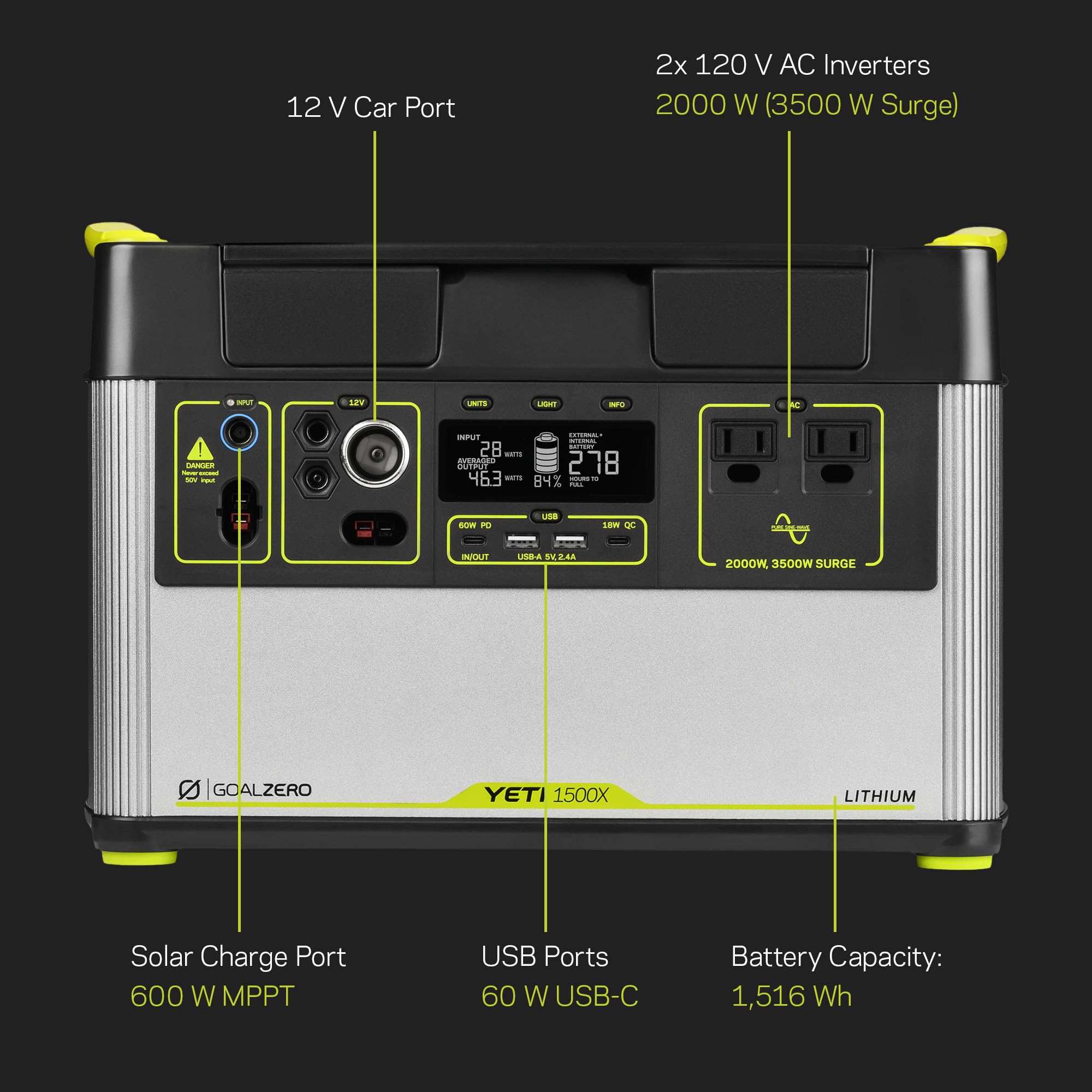 Goal Zero Yeti Portable Power Station - Yeti 1500X w/ 1,516 Watt Hours Battery Capacity, USB Ports & AC Inverter - Rechargeable Solar Generator for Camping, Travel, Outdoor Events, Off-Grid & Home Use