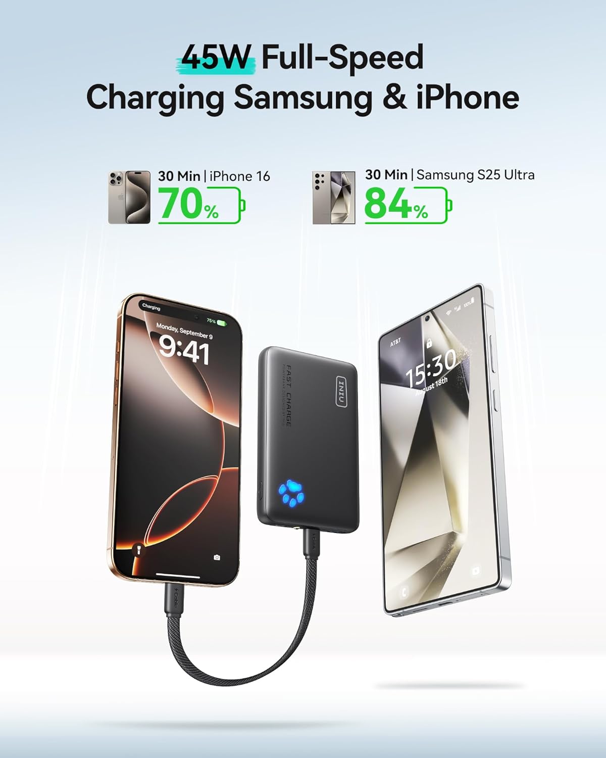 INIU Portable Charger, Ultra Slim 45W Fast Charging with Attached USB C Cable, Flight-Safe 10000mAh PD Power Bank Battery Pack, Travel Essential Phone Powerbank for iPhone 17 16 Samsung S25 Google etc