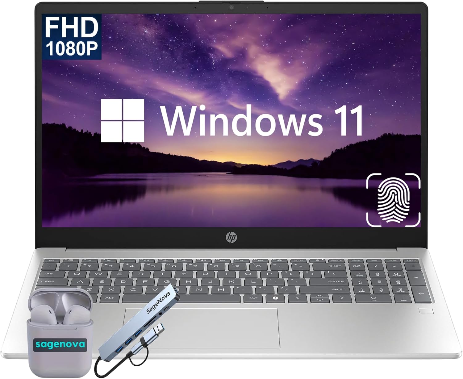 HP 15.6" FHD Laptop Computer, 16GB RAM 512GB Storage (256GB SSD+256GB Docking Station Set), 8-Core Intel Core i3-N305, Windows 11, Fingerprint Reader, Numeric Keypad, SageNova Earphones, Silver