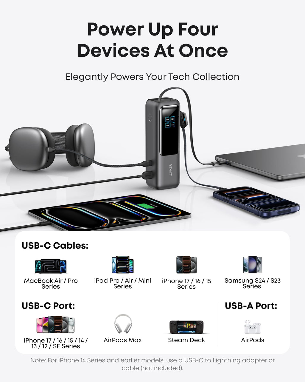Anker Laptop Power Bank, 25,000mAh Portable Charger with Triple 100W USB-C Ports, Built-in Retractable Cables, Flight-Approved for Travel, iPhone 17/16 Series, MacBook, Samsung, and More