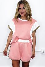 Pink Textured Colorblock Patchwork Tee and Shorts Set