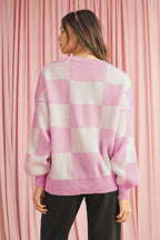 Dark Brown Plaid Bishop Sleeve Pullover Sweater