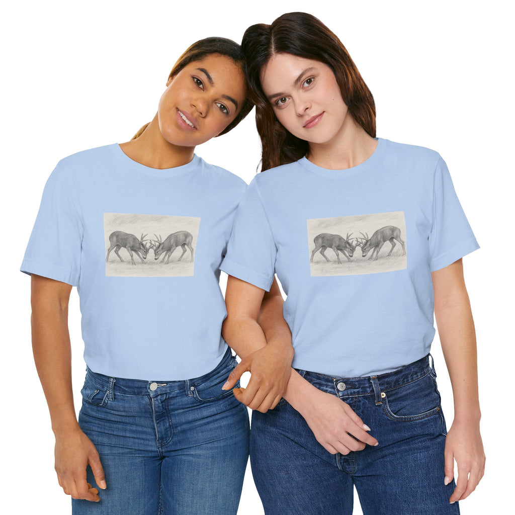 Nature-Inspired Bucks Sparing Unisex Tee with Stag Design, Wilderness Shirt, Forest Lover Gift, Adventure Tee, Unique Outdoor Apparel