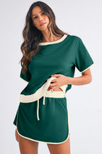 Black Colorblock Edge Drop Shoulder T Shirt and Skort 2Pcs Set
