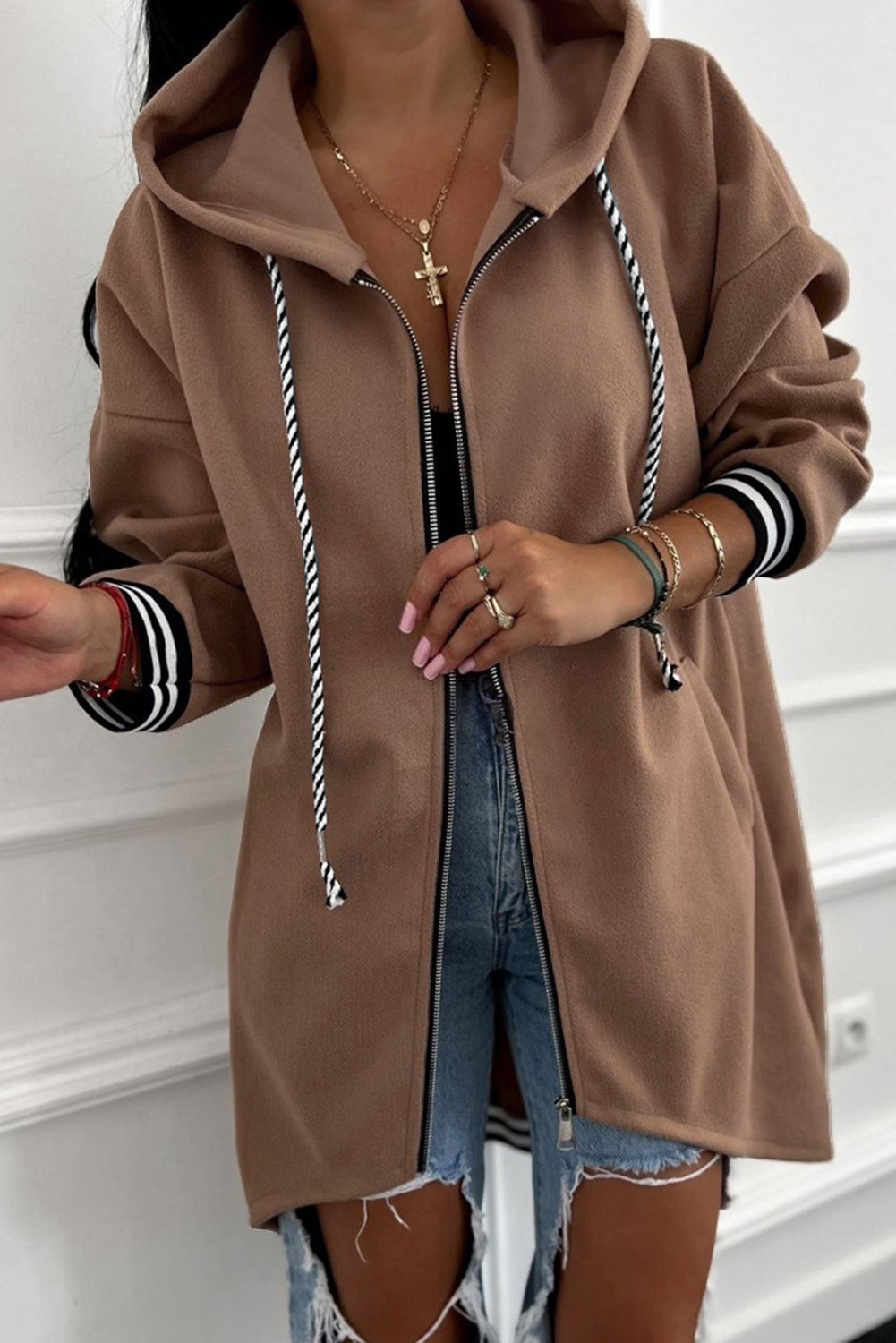 Four Leaf Clover Contrast Cuffed Drop Shoulder Zip up Tunic Hoodie