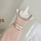 Blush Tone Sleeveless Rhinestone Collar Bow Waist Bridesmaid Cocktail Dress