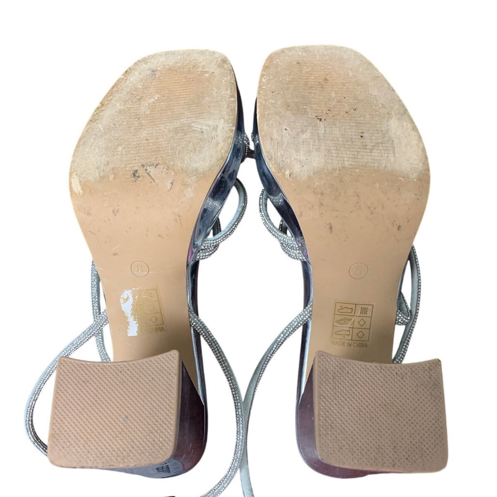 Shoe'N Tale Womens 8 Silver Mirror 4" Platform Heel Open Toe Ankle Strap Shoes