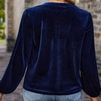 Women's Solid Color V-Neck Button Detail Long Sleeve Pullover