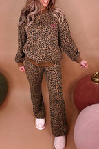 Coffee Allover Leopard Print Contrast Trim Long Sleeve Top and Pants Set