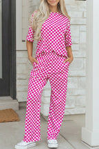 Rose Checkered Print Half Sleeve Tee 2pcs Lounge Pant Set