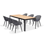 Portals Dark Rectangular Teak Table and 6 Nassau Black Aluminum Dining Set