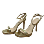Elisabet Tang Womens Size 7.5 Gold 4" Heels Open Square Toe Ankle Strap Shoes