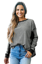 Khaki Stripe Thermal Knit Drop Shoulder Casual Top