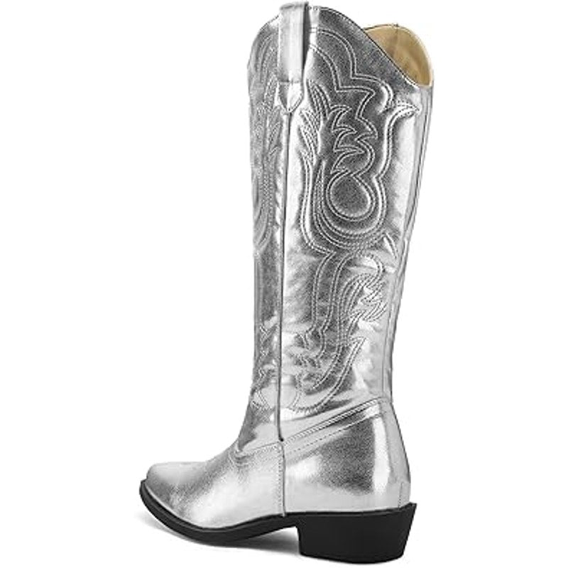 Mysoft Womens Size 10 Shiny Silver Faux Leather 1.5" Heel Western Cowboy Boots