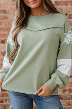 Laurel Green Floral Plaid Mixed Sleeve Raw Edge Relaxed French Terry Top