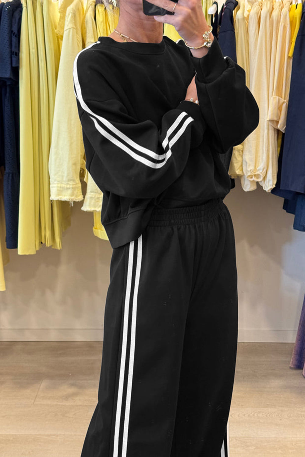 Dirty blue Varsity Striped Detail Crewneck Pullover Elastic Sweatpants 2pcs Outfit