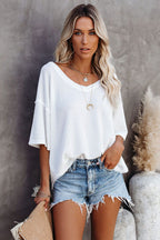 Purple Exposed Seam Half Sleeve Knitted V Neck Textured Top