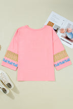 Gossamer Pink Floral Color Block Patchwork Long Sleeve Top