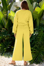 Mist Blue Drop Shoulder Puff Sleeve Crop Pullover Drawstring Wide Leg Pants Set