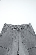 Prussian Blue Drawstring Seam Detail Raw Hem Wide Leg Denim Pants