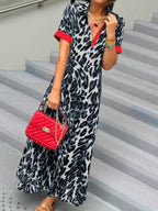 Leopard Print Button-Down Dress with Contrast Trim