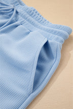 Beau Blue Textured Ruffled Sleeve Zipped Top and Wide Leg Pants Set