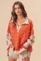 BiBi Stripe Knit Loose Fit Top With Cut Edge Detail
