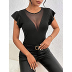Women’s Summer Ruffle Mesh Panel Top – Short Sleeve Slim Fit Casual Tee Blouse
