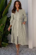 Black Stripe V Neck Zip Front Cinched High Waist Midi Dress