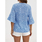 Womens Summer Floral Print Blouses V-Neck Flare Sleeve Tops