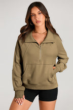 Smoke Green Quarter Zip Stand Neck Kangaroo Pocket Sweatshirt