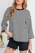 Sachet Pink Striped Print Drop Shoulder Lace Trim Bracelet Sleeve Loose Top