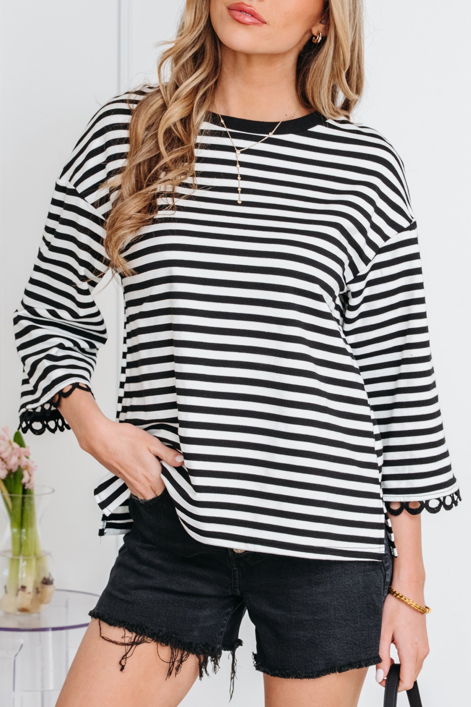 Sachet Pink Striped Print Drop Shoulder Lace Trim Bracelet Sleeve Loose Top