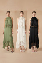 V-Neck Ruffle Waist Tank Top & Skirt Set – Elegant Hollow-Out Two-Piece