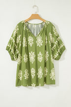 Yellow Boho Chic Notched V Neck Plus Floral Short Sleeve Top