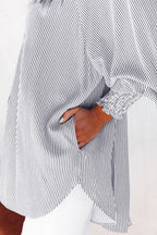 Blue Stripe Striped Casual Shirred Cuffs Shirt