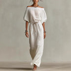 Women's Linen Pants Suit – Solid Color Lantern Sleeve Set