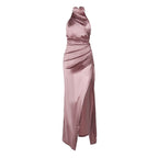 Elegant Stand-up Collar Long Dress Halter Neck Sleeveless Slit Slim Dress