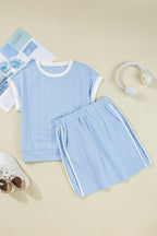 Beau Blue Contrast Trim Textured Crewneck Top and Pocketed Skirt Set