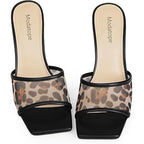 Modatope Womens Size 6 Black Leopard Mesh Open Toe 3" Heel Slide On Sandal Shoes